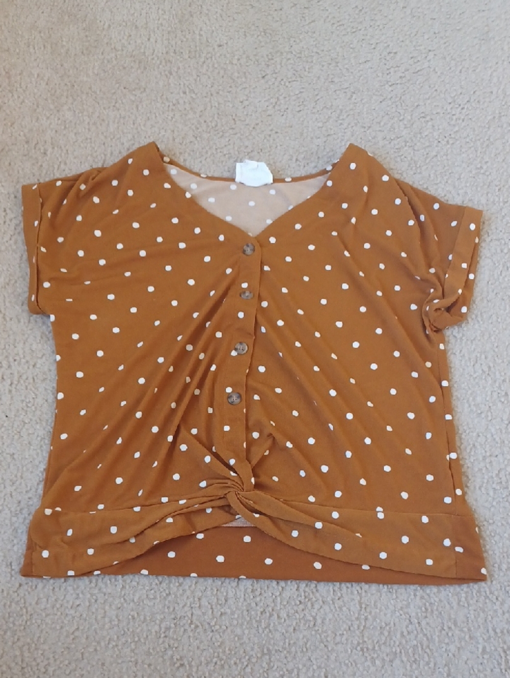 Flower & Feather Polka Dot Button Front Top — Rust with White Dots
